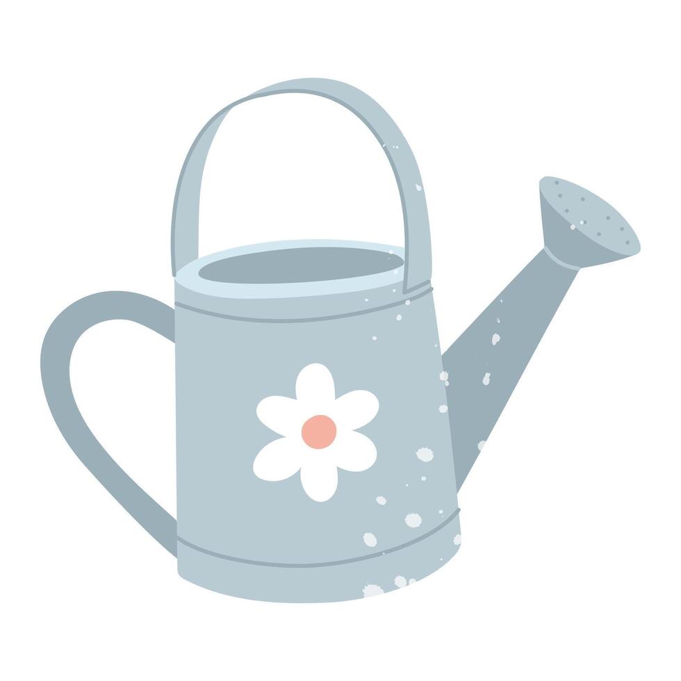 An iron watering can with a texture. Flat isolated color illustration with doodle elements. It is suitable for postcards, prints, blog design, children's books, packaging design, and spring projects vector
