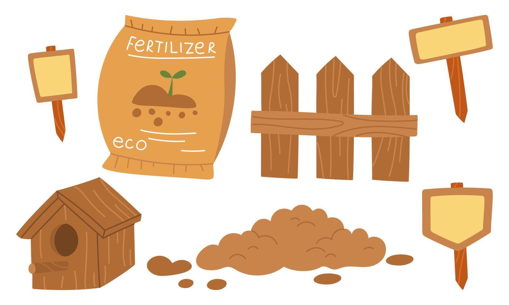 set of garden items. Planting crops. Fertilizer, earth, fence, signs, birdhouse. Flat color illustration. For postcards, prints, blog design, children's books, packaging design and spring projects vector