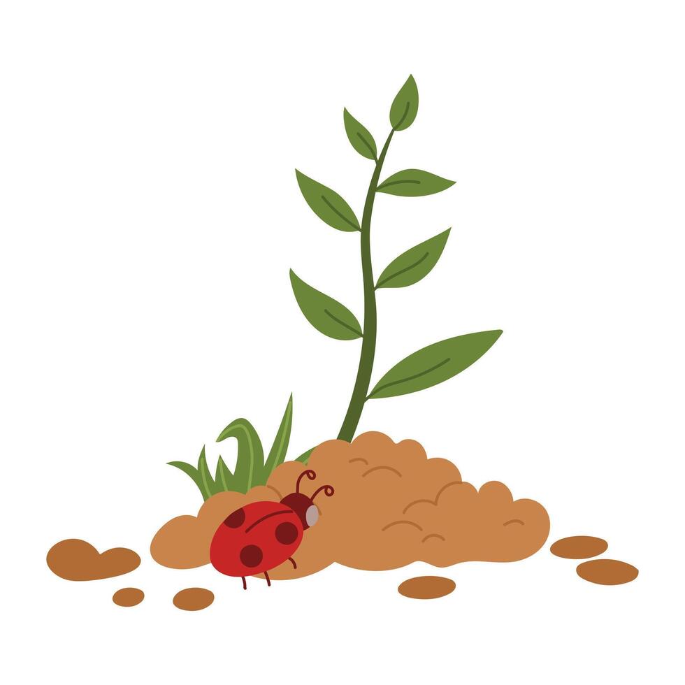 Illustration of ladybug crawling on ground to a branch. Spring illustration flowering plants. Color flat illustration. Suitable for spring postcards, prints, blog design, children's books, children's vector