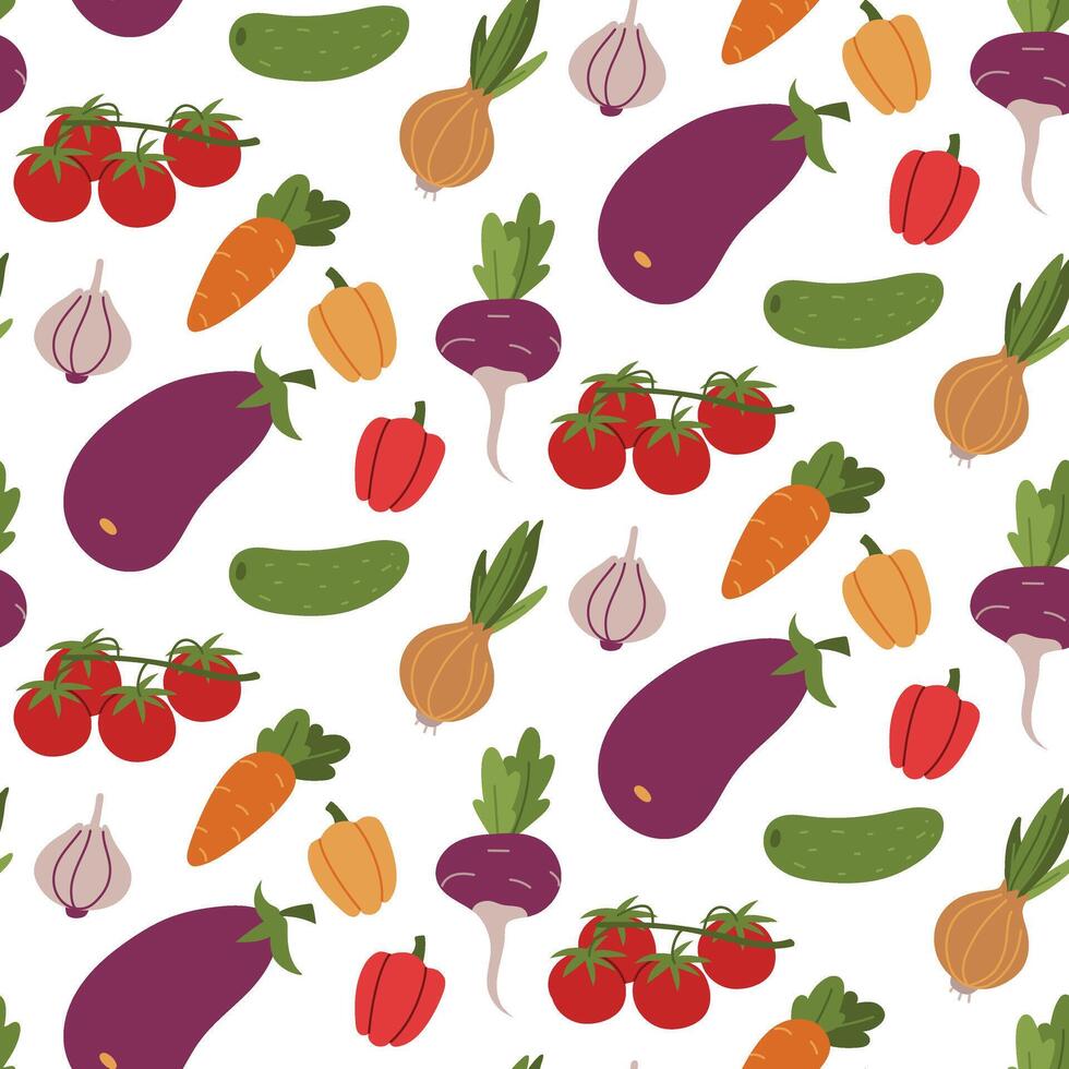 pattern with variety of flat vegetables. color flat picture with doodle elements. Colorful vegetables are suitable for decorating recipes, packaging, menus, stickers in a farmer's or vegetarian style vector