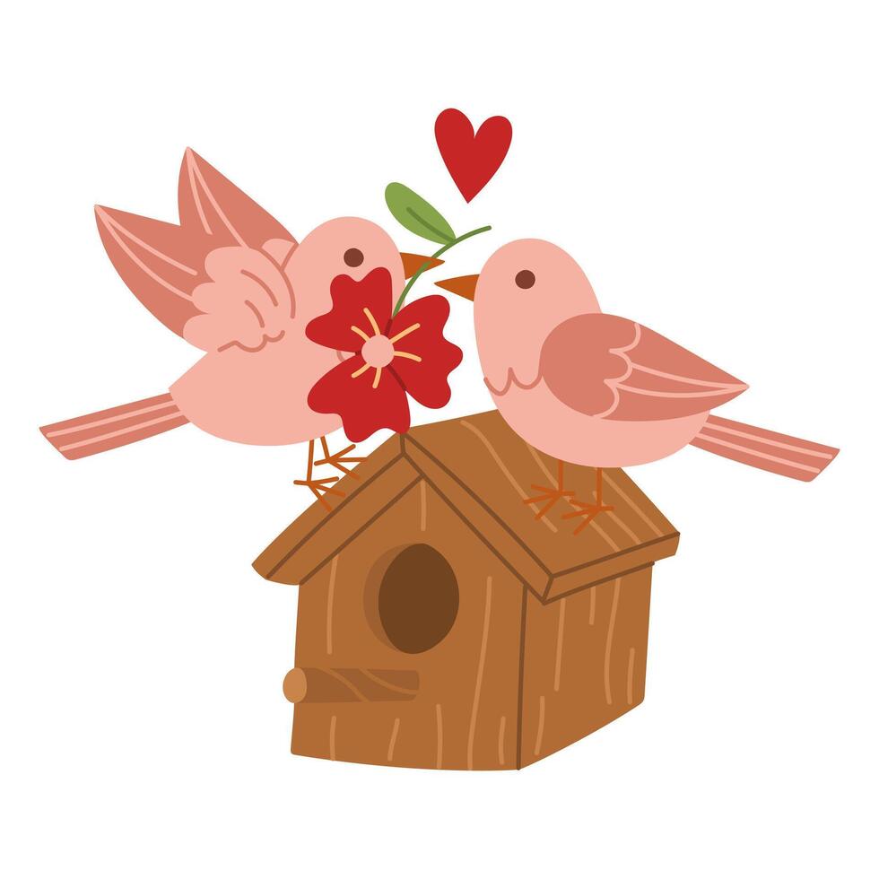 Illustration two birds in a birdhouse are in love. Meeting of lovers. Spring of flowering plants, love. Color flat illustration. Suitable for spring postcards, prints, blog design, children's books vector