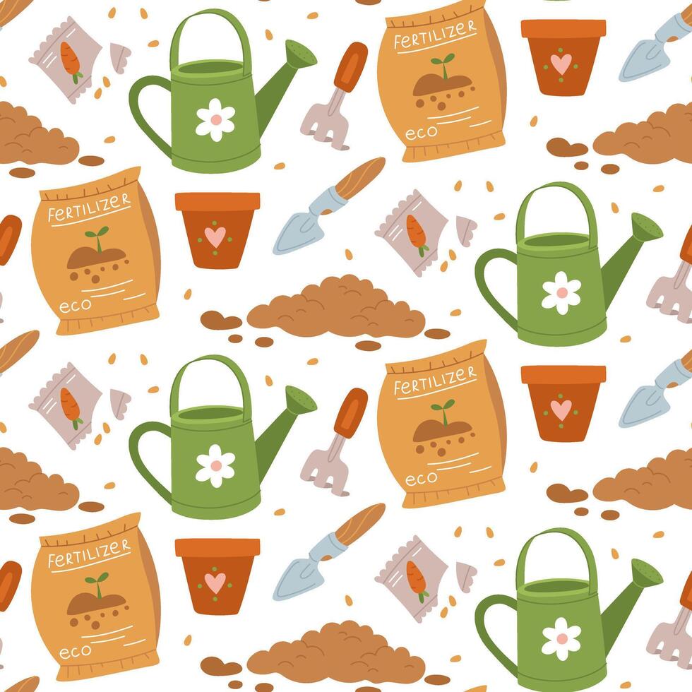 pattern of items for planting plants. Watering can, seeds, pot, hoe, shovel, soil, fertilizers. Flat color illustration in texture. Suitable for postcards, prints, blog design, children's books vector