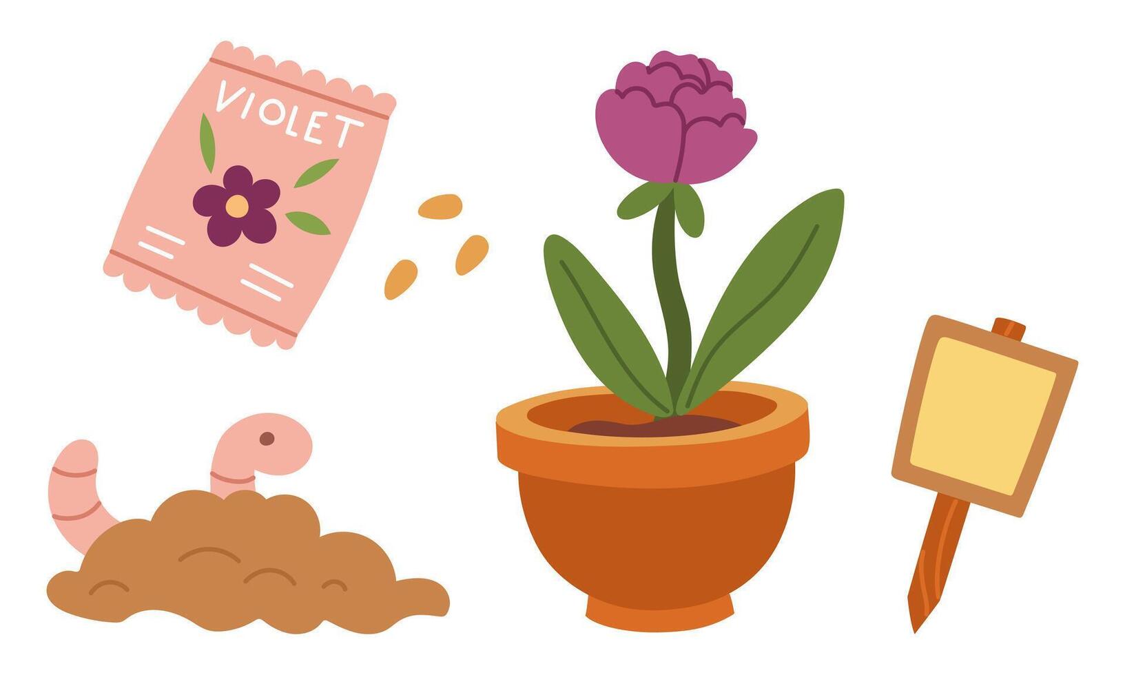 set for planting house plants. Clay pot, soil, worm, earth, seeds, tablet. house plant. collection of color illustrations. Suitable postcards, prints, blog design, children's books, packaging design vector