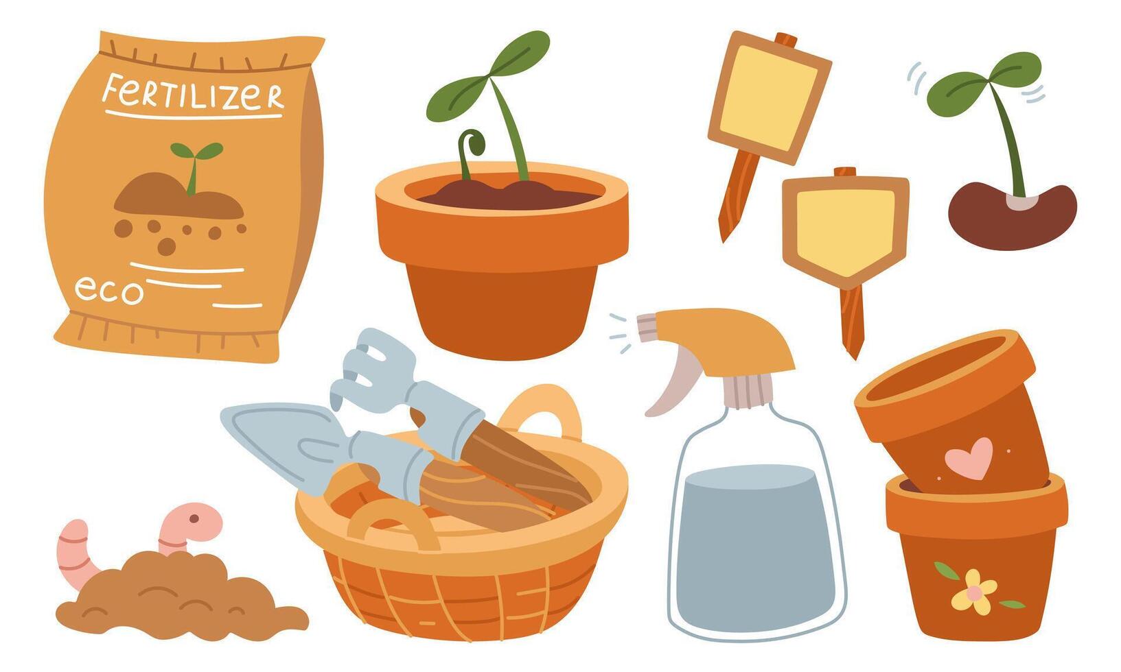 set for planting plants in the garden. Sprout, worm in the ground, shovel, earth, worm, spray bottle, seeds. Flat color isolated illustration. It is suitable for gardening blogs, packaging of garden vector