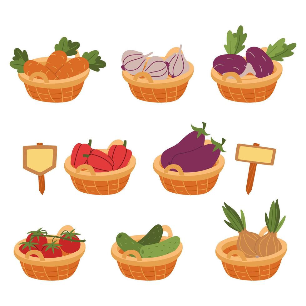 set of wicker baskets with various vegetables. A collection of flat isolated color illustrations. Suitable for packaging, organic food advertising, cooking blogs, farm food stores, and website design. vector
