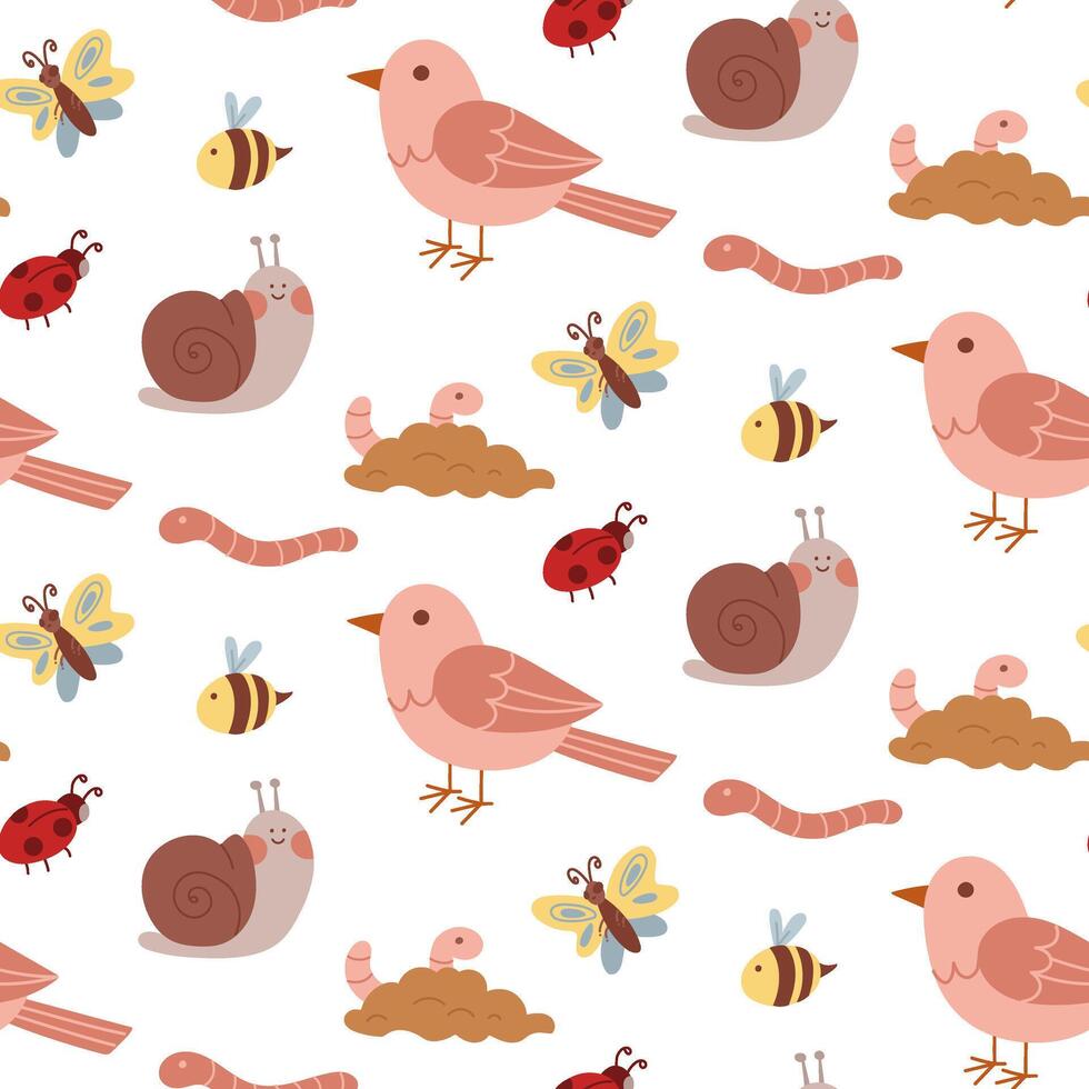 pattern of cute insects and animals in the garden. Flat color illustration in texture. Snail, bird, ladybug, worm, butterfly. Ideal printing, packaging, posters, children's or nature projects in cozy vector