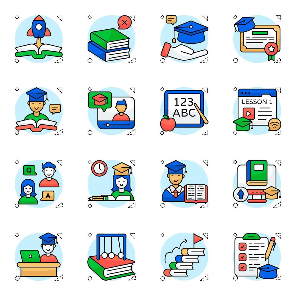 Pack of Study and Reading Flat circular style Icon vector