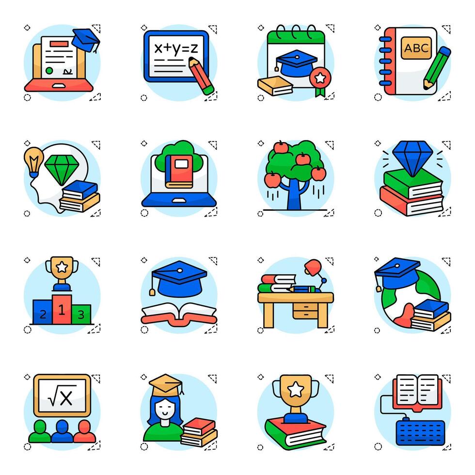 Pack of E Learning Flat circular style Icon vector