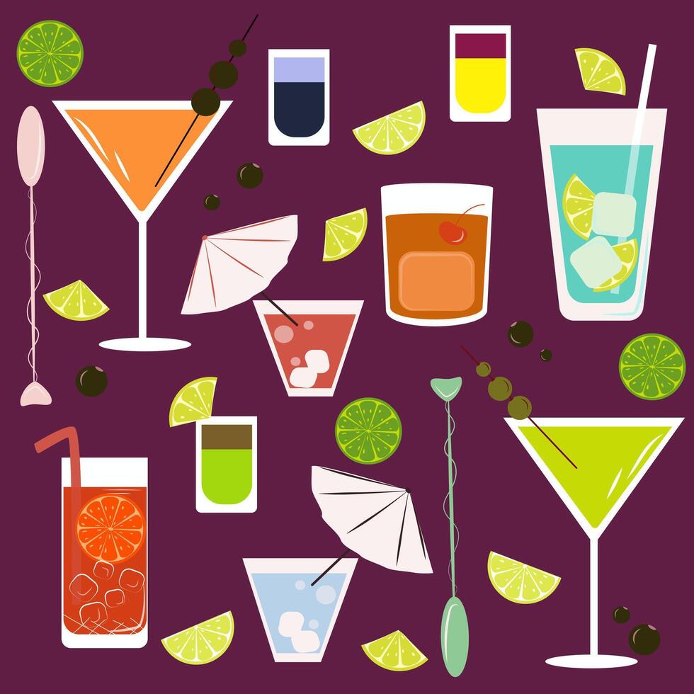 set of cocktails Set of various alcoholic cocktails and shots. Stickers in the form of cocktails, summer cocktails for the beach, party. vector