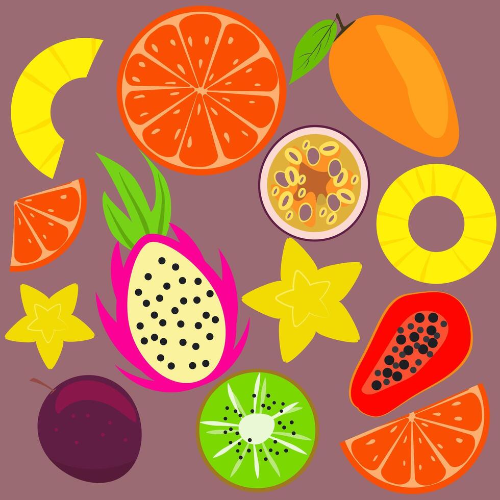 exotic fruits set. Set of colorful illustrations papaya, mango. passion fruit, kiwi, sweetie. Hand drawn pictures. for stickers, screensavers, icons, covers, children's stickers, healthy food vector