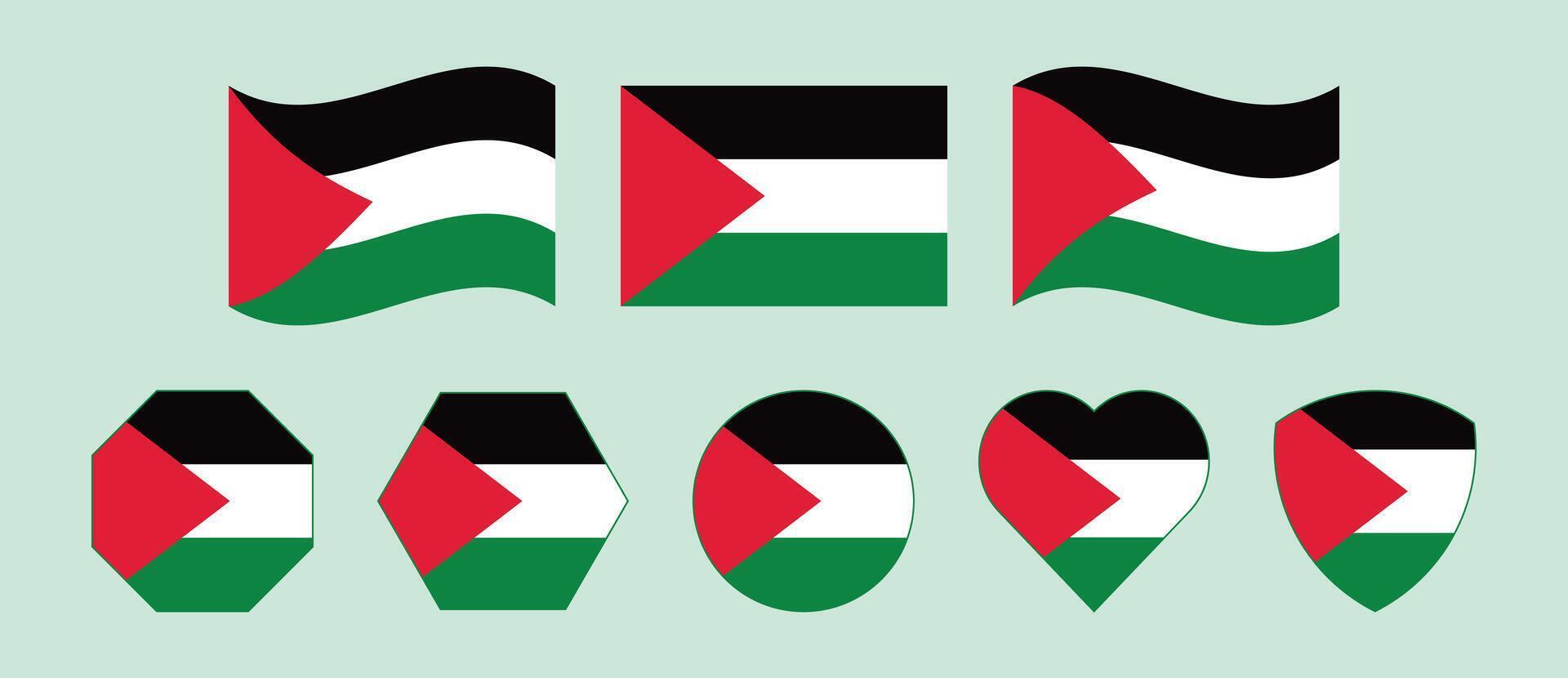 Collection of Palestine national flag icons in flat style, isolated on white background. Includes badges, stickers, and design elements perfect for graphic projects, infographics vector