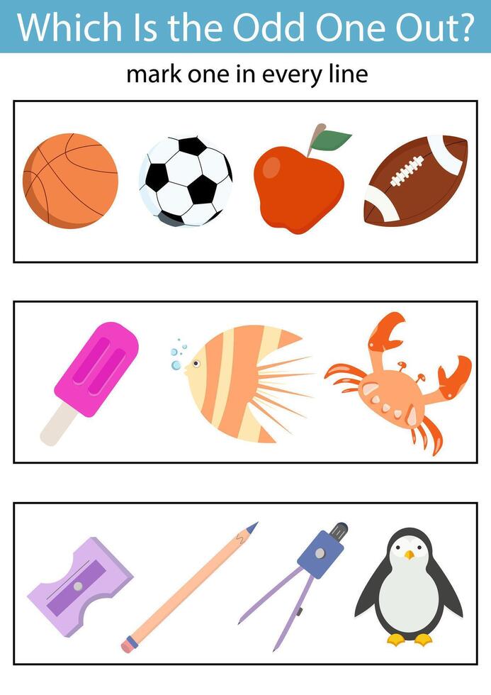 Which is the odd one out. Logical activity for kids. Educational game worksheet for children for attention skills. Find the correct picture. vector