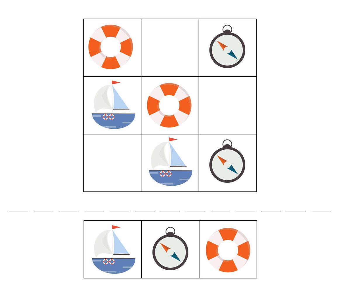 What comes next activity page. Logic puzzle for kids. Nautical theme. Find the right next image. Easy riddle entertainment for children. vector