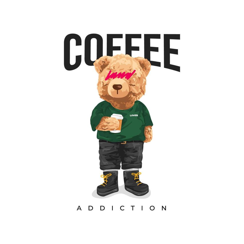 cute bear doll holding a glass of coffee illustration vector