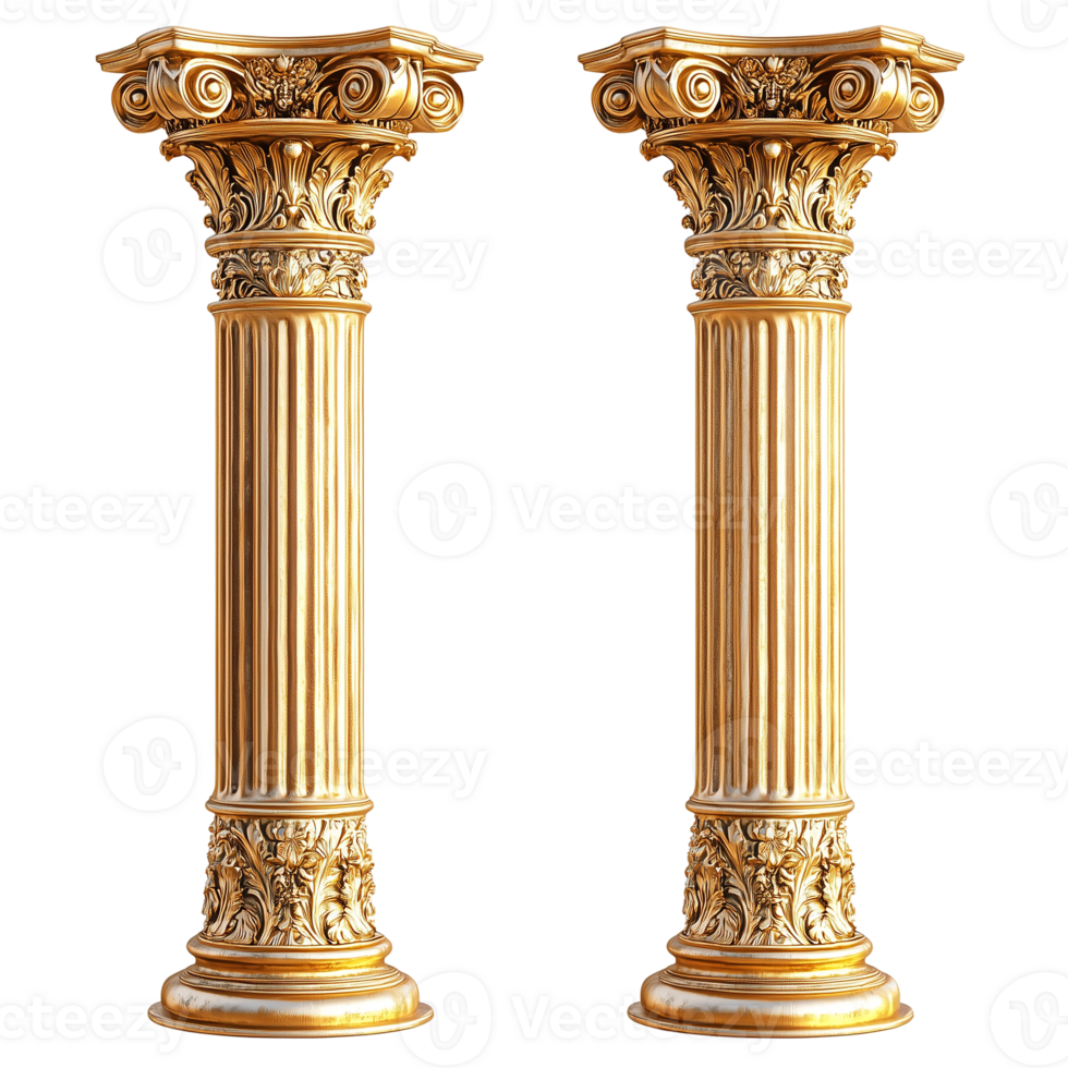 Two golden decorative pillars architecture design element isolated on transparent background png