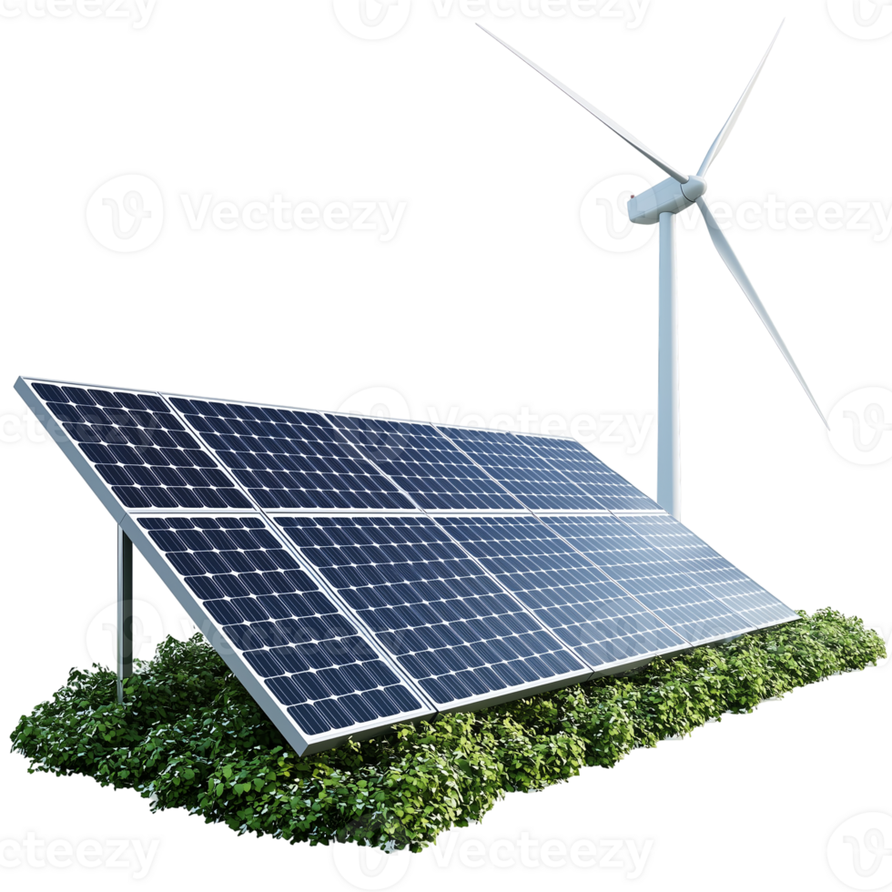 Alternative energy sources wind turbine solar panel setup isolated on transparent background png