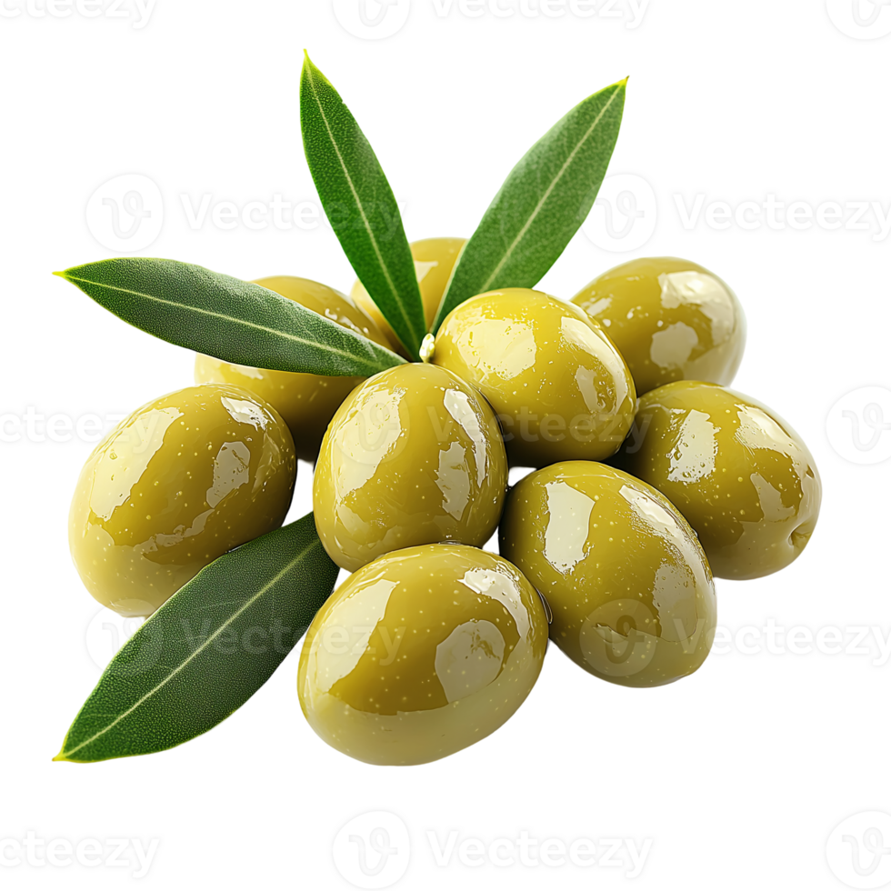 Fresh green olives with leaves mediterranean diet food item isolated on transparent background png