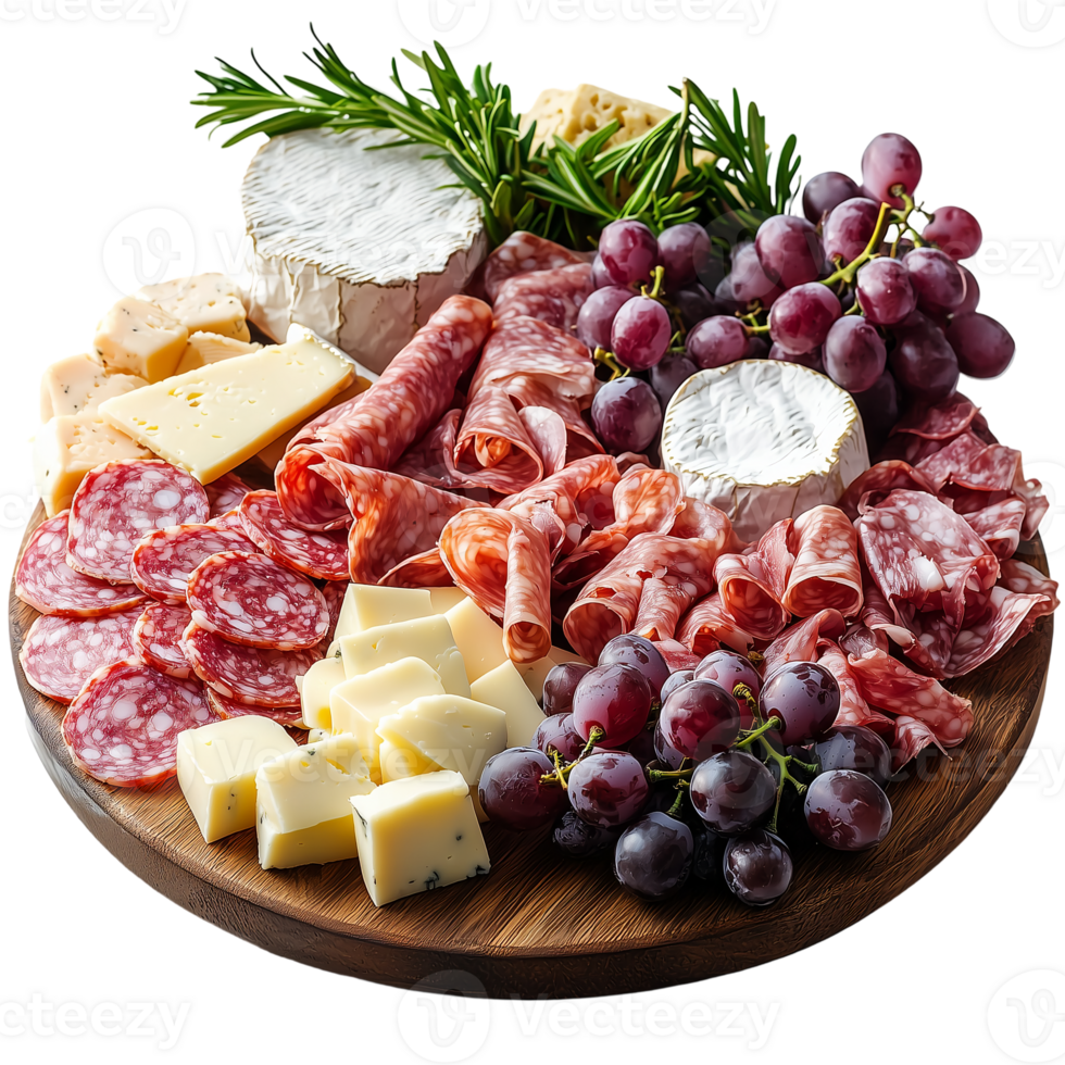 Delicious charcuterie board with cheese and meats platter food isolated on transparent background png