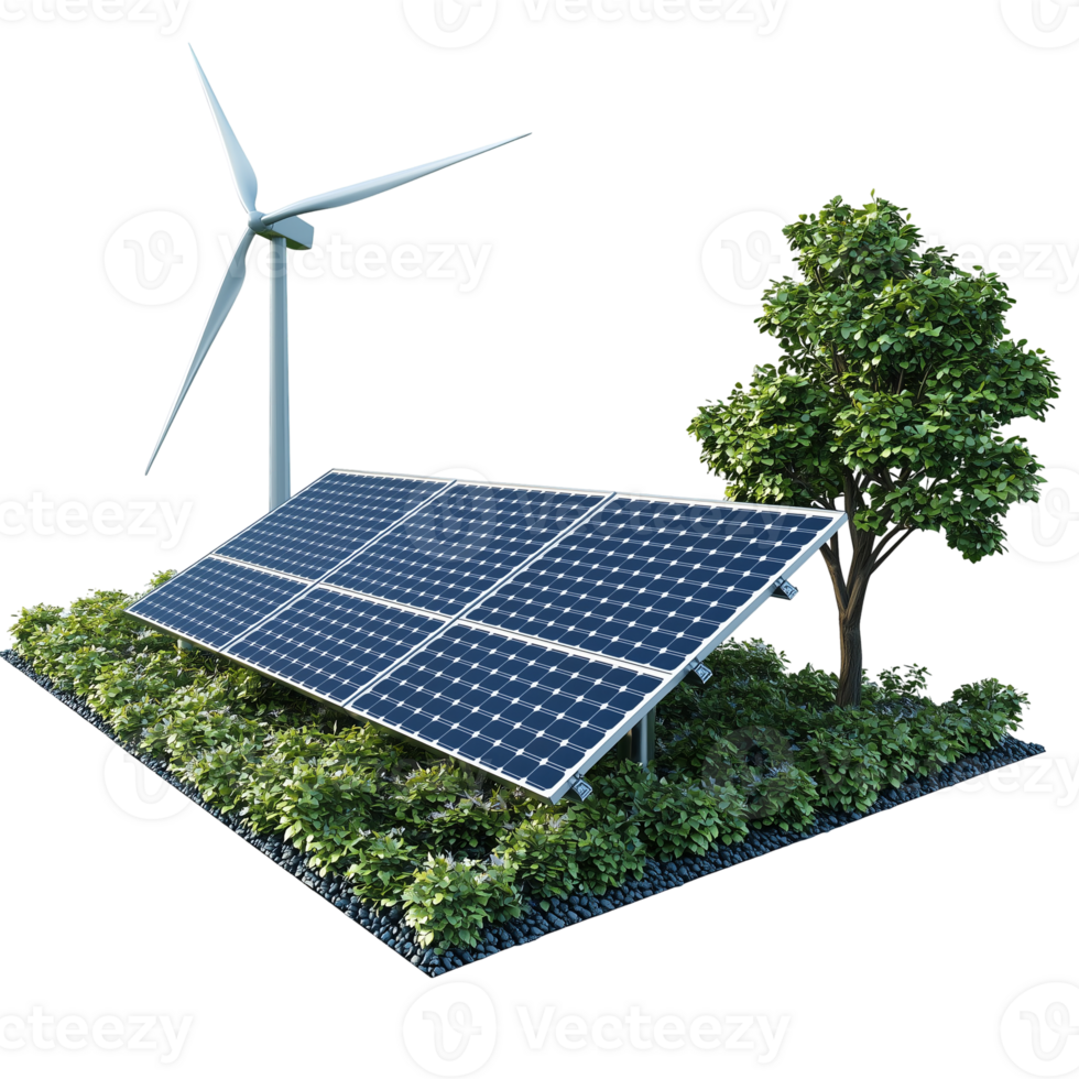 Renewable energy with solar panels and wind turbine system isolated on transparent background png