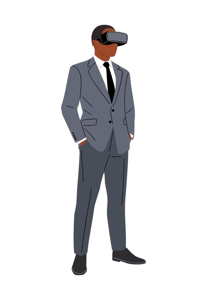 Black businessman standing wearing a VR headset vector