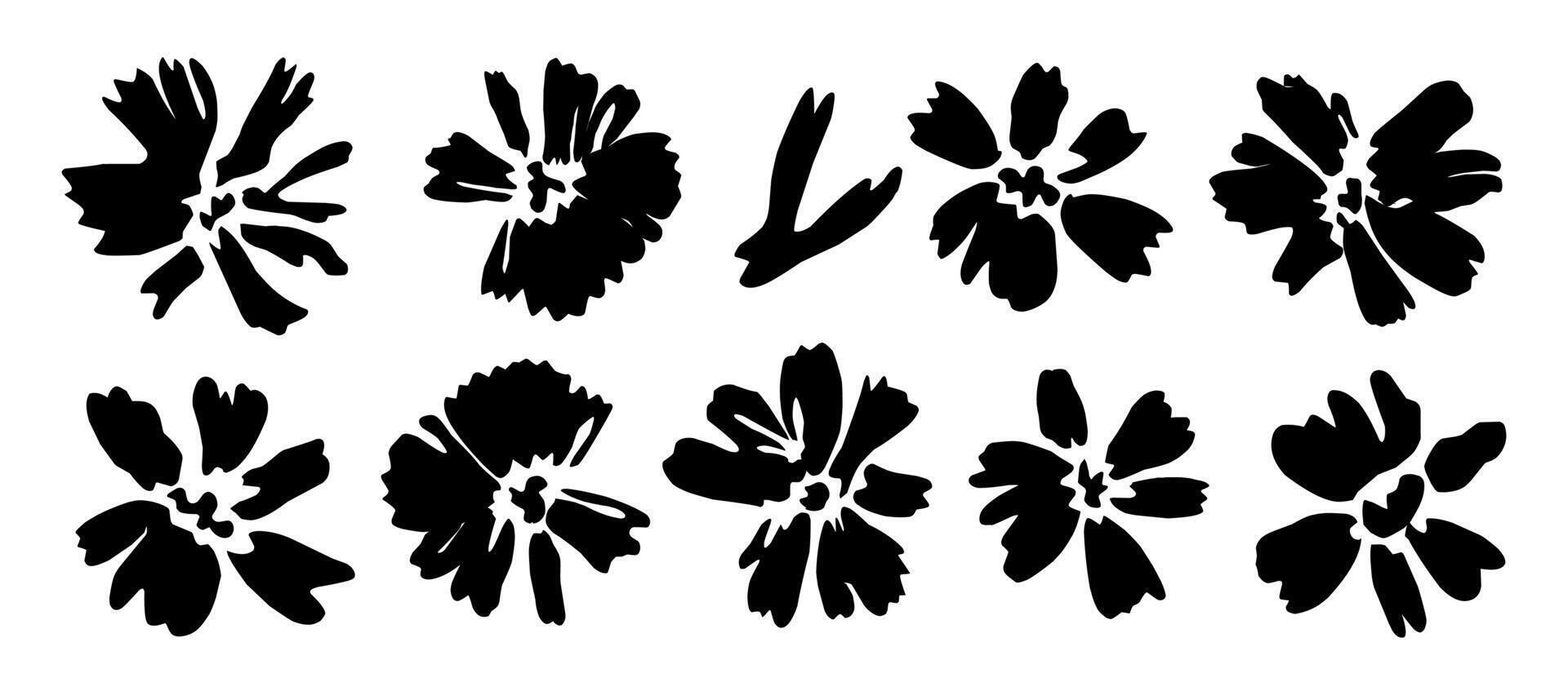 Set of flower silhouettes in brush ink style vector