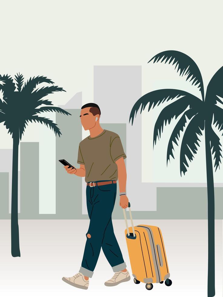 Man walking with suitcase, phone in tropical city vector