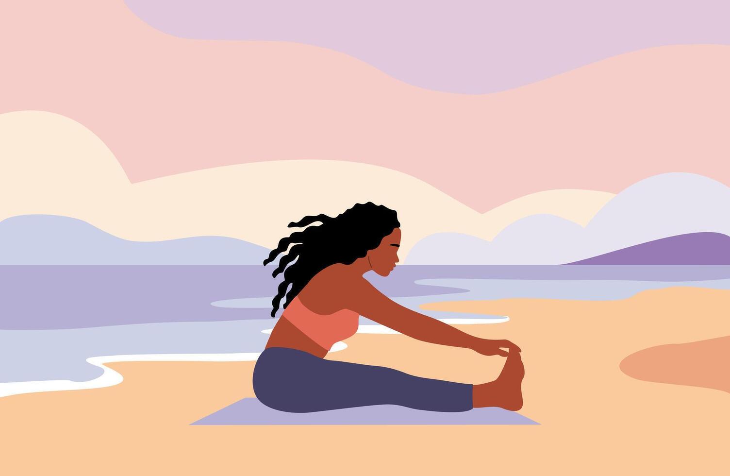 Black woman is doing a yoga pose on the beach vector