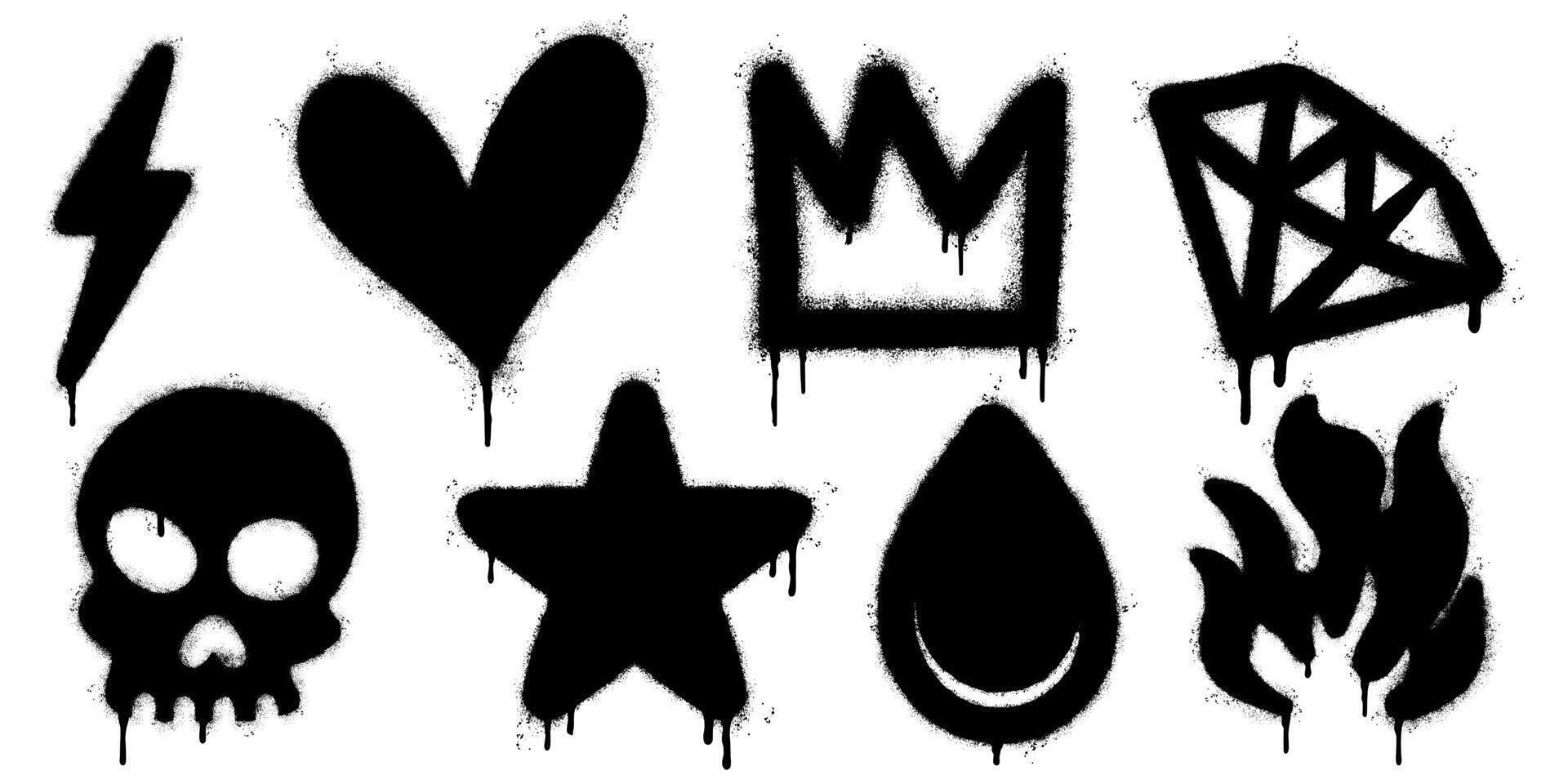 collection of black spray paint graffiti icons including lightning bolt, heart, crown, diamond, skull, star, drop, and flame. vector