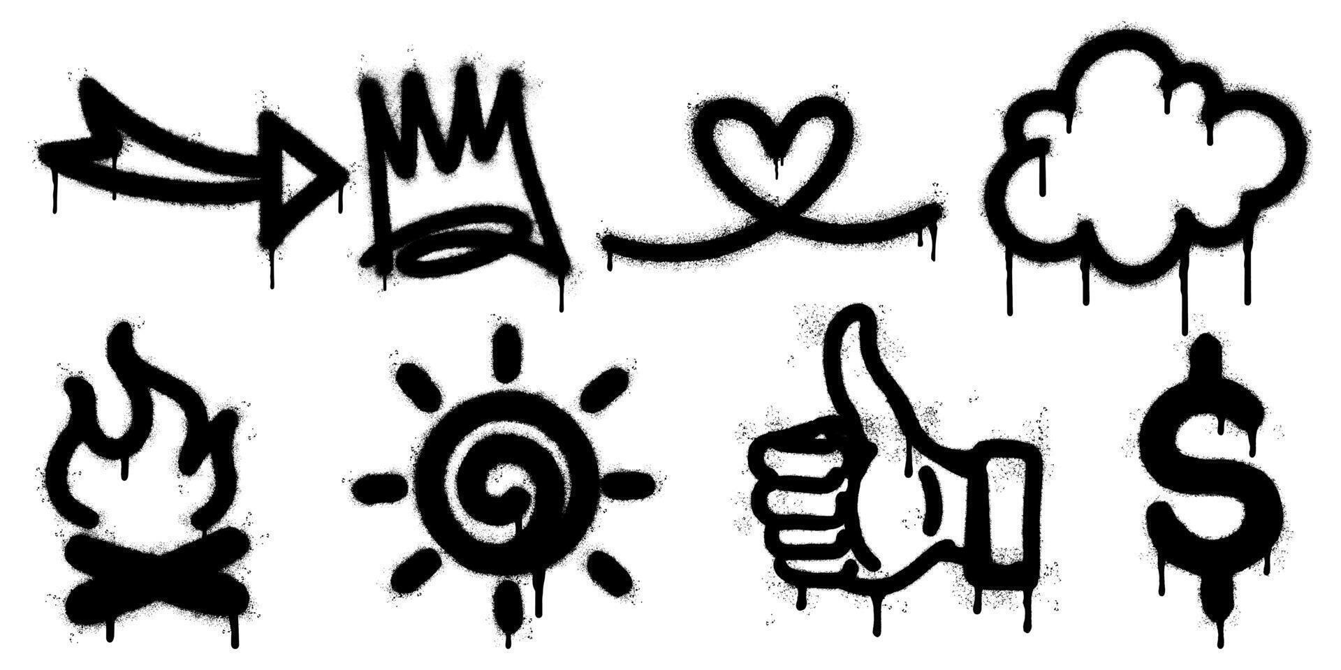 graffiti style icon set with black spray stencil elements. arrow, crown, heart, cloud, flame, sun, thumbs up, and dollar sign. Grunge, dripping paint texture gives strong street art aesthetic. vector