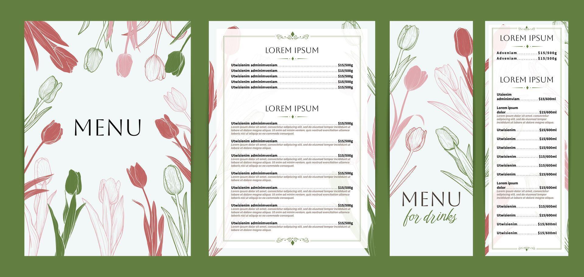 Elegant food and drinks menu designs. Restaurant menu template. Beautiful A4 format with high quality flowers for print and online usage. Saturated hand drawn line art tulips illustrations. vector