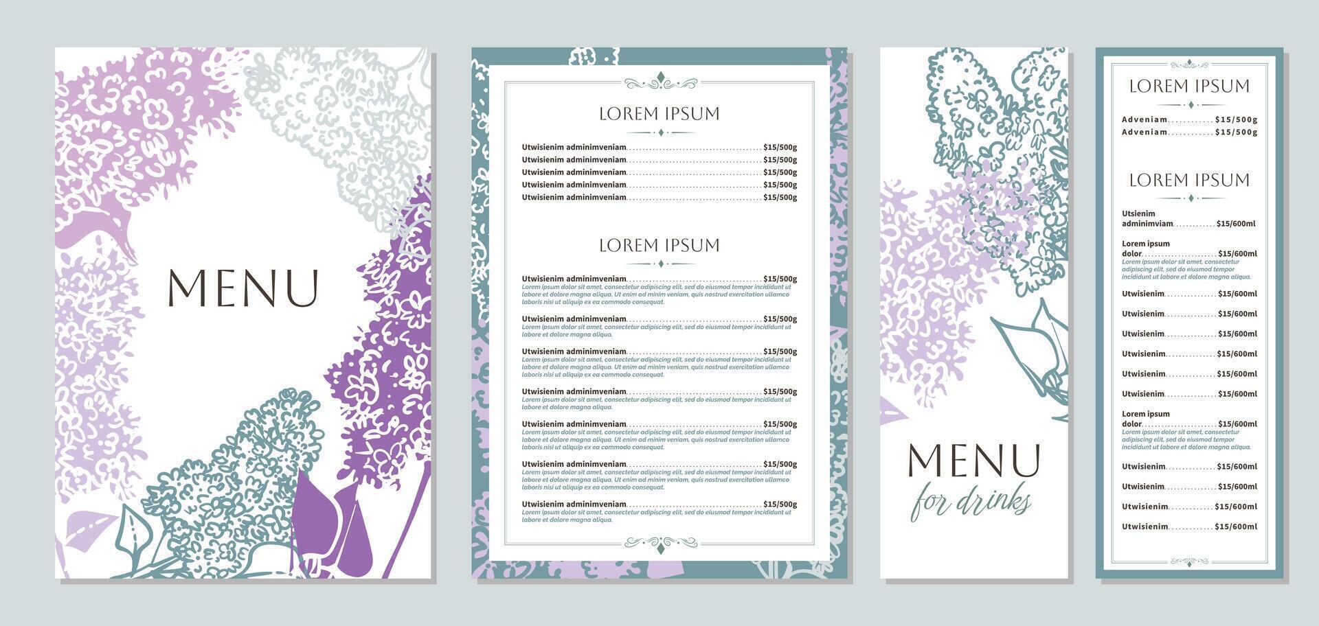 Elegant food and drinks menu designs. Restaurant menu template. Beautiful A4 format with high quality flowers for print and online usage. Saturated hand drawn line art lilac illustrations. vector