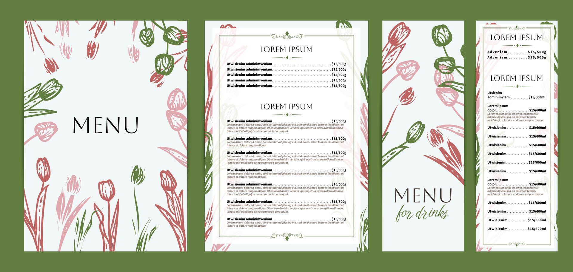 Playful food and drinks menu designs. Restaurant menu template. Beautiful A4 format with high quality flowers for print and online usage. Saturated hand drawn line art tulips illustrations. vector