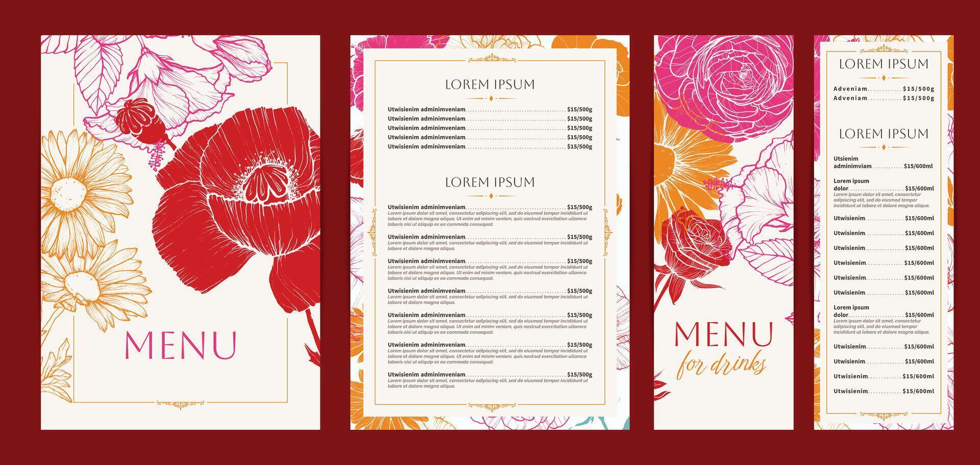 Elegant food and drinks menu designs. Restaurant menu template. Beautiful A4 format with high quality poppy, daisy, rose, hibiscus. Saturated hand drawn line art summer flowers illustrations. vector