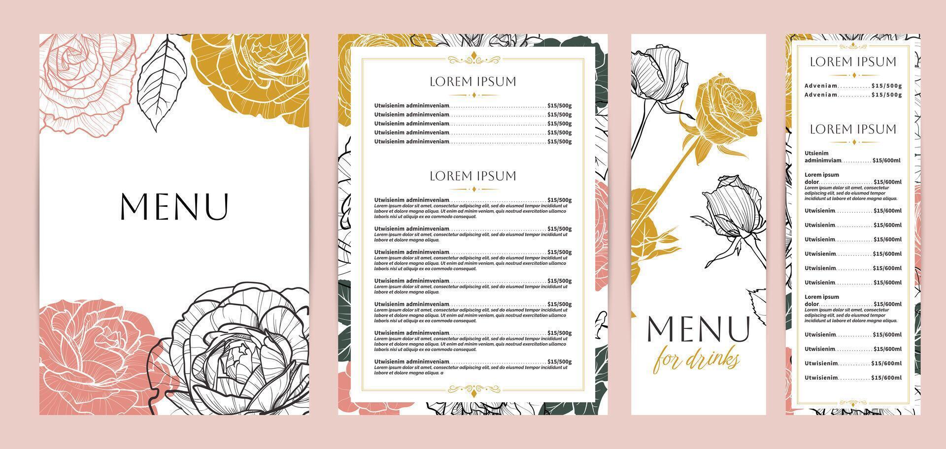 Elegant food and drinks menu designs. Restaurant menu template. Beautiful A4 format with high quality flowers. Saturated hand drawn line art yellow and pink roses illustrations. vector