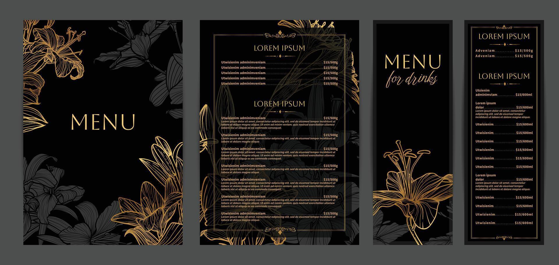 Luxurious food and drinks menu designs. Restaurant menu template. Elegant A4 format with high quality flowers for print and online usage. Golden hand drawn line art tiger lily illustrations. vector