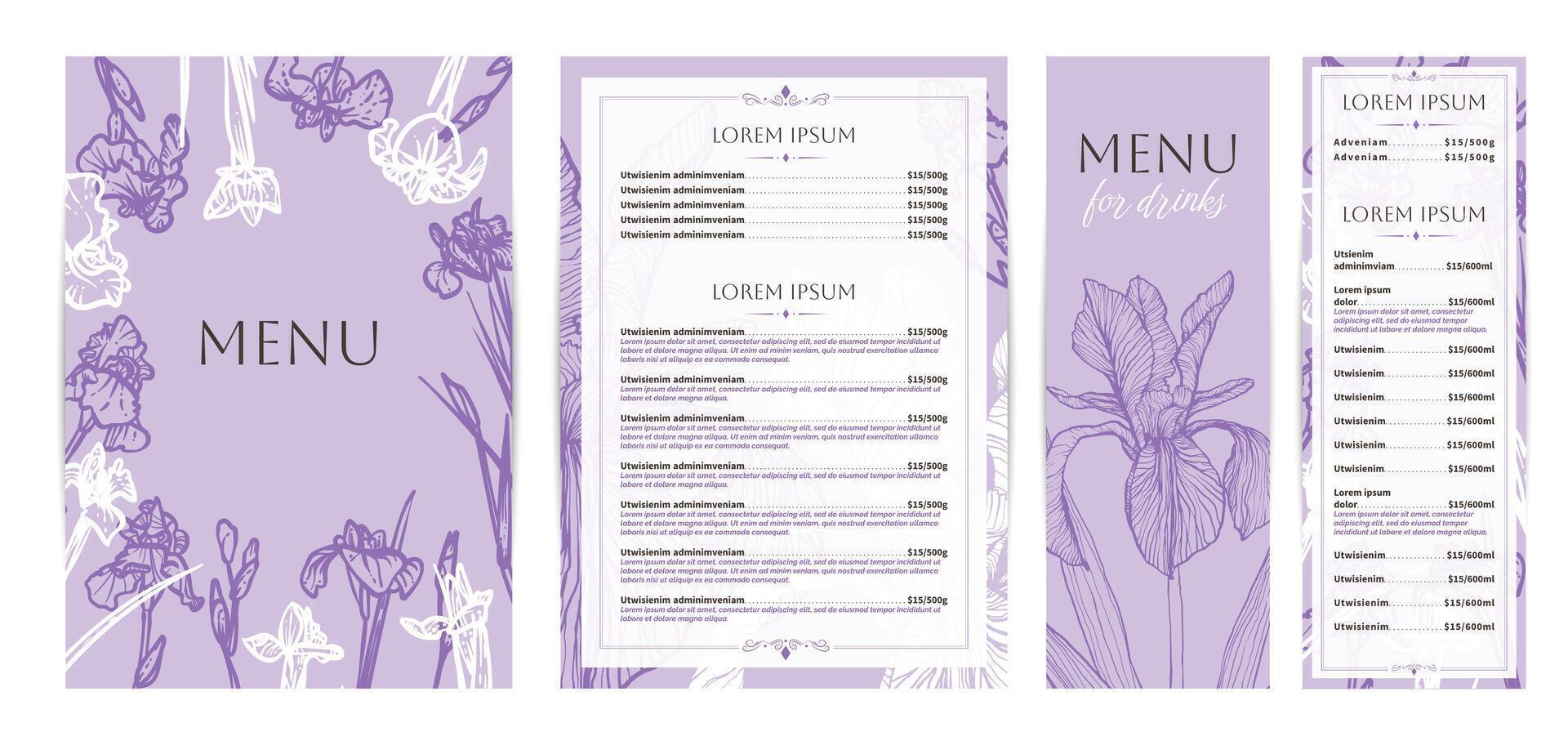 Elegant food and drinks menu designs. Restaurant menu template. Beautiful A4 format with high quality flowers for print and online usage. Saturated hand drawn line art iris illustrations. vector