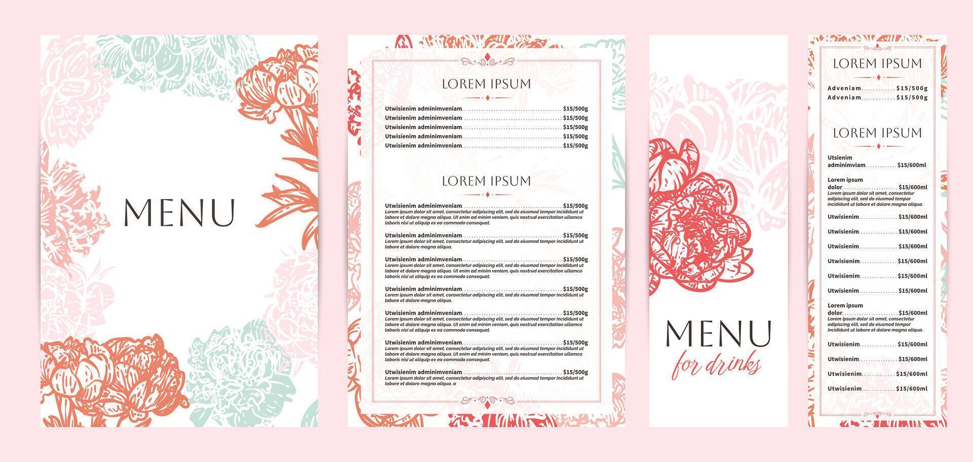 Colorful food and drinks menu designs. Restaurant menu template. Beautiful A4 format with high quality flowers for print and online usage. Saturated hand drawn line art peony illustrations. vector