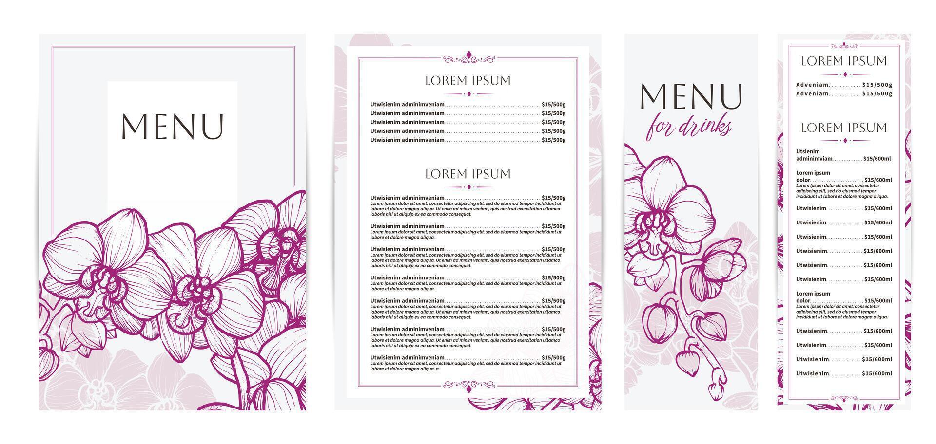 Elegant food and drinks menu designs. Restaurant menu template. Beautiful A4 format with high quality flowers for print and online usage. Saturated hand drawn line art orchid illustrations. vector