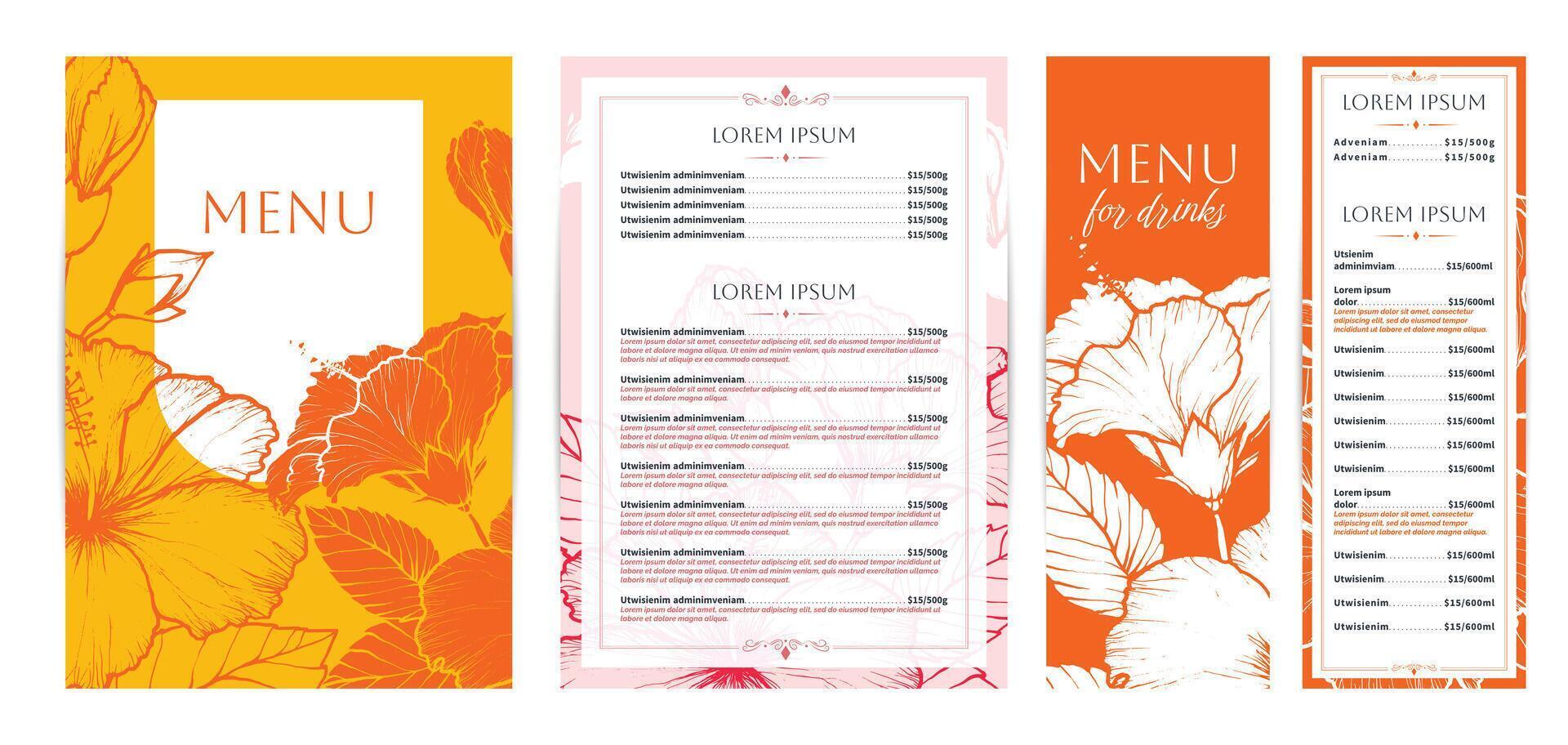 Elegant food and drinks menu designs. Restaurant menu template. Beautiful A4 format with high quality flowers for print and online usage. Pastel hand drawn line art hibiscus illustrations. vector