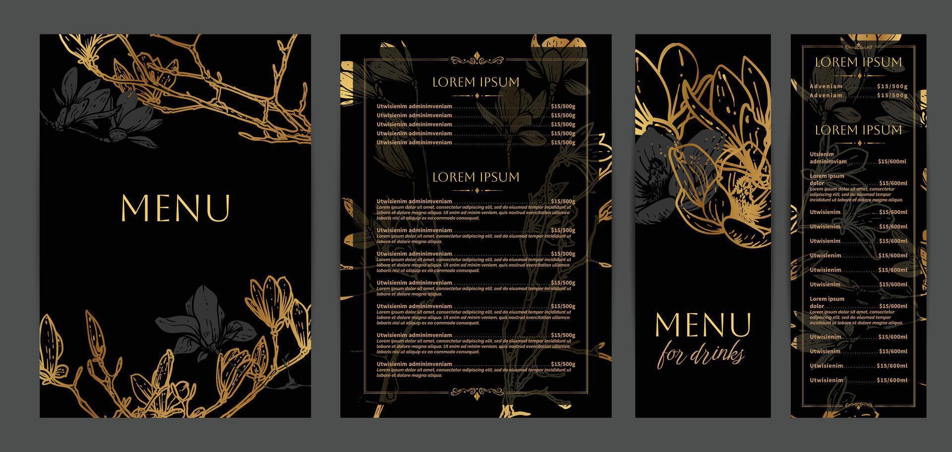 Luxurious food and drinks menu designs. Restaurant menu template. Elegant A4 format with high quality flowers for print and online usage. Golden hand drawn line art magnolia illustrations. vector