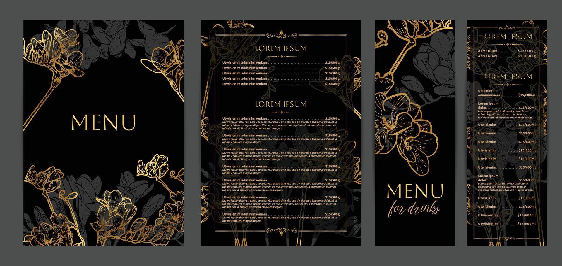 Luxurious food and drinks menu designs. Restaurant menu template. Elegant A4 format with high quality flowers for print and online usage. Golden hand drawn line art freesia illustrations. vector
