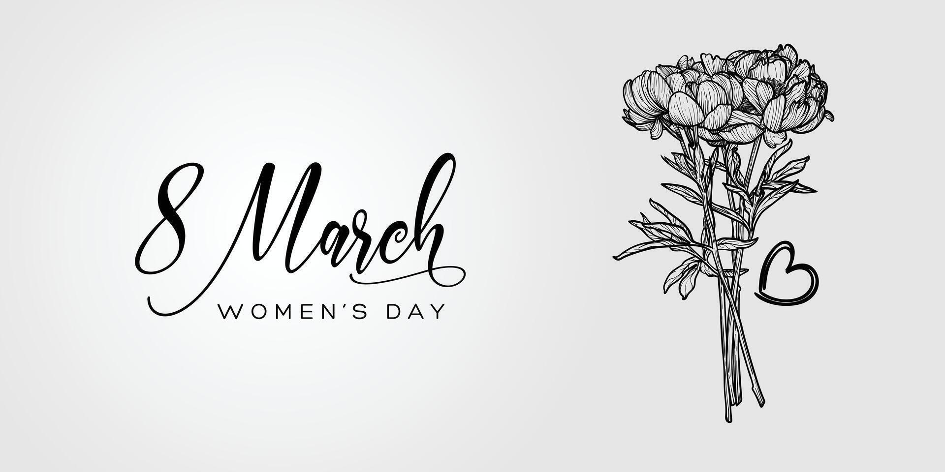 Bouquet's sketch. Happy Women's day lettering. March 8 greeting for web design, background, card. One continuous line drawing of flower bouquet. vector
