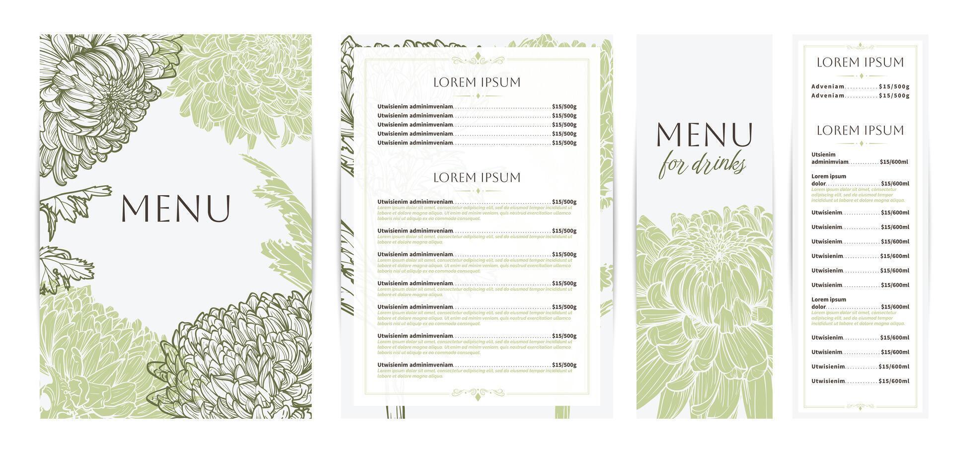 Elegant food and drinks menu designs. Restaurant menu template. Beautiful A4 format with high quality flowers for print and online usage. Pastel hand drawn line art chrysanthemum illustrations. vector