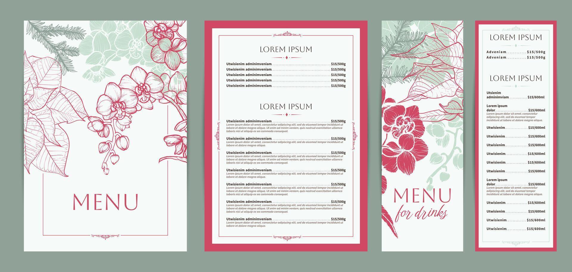 Elegant food and drinks menu designs. Restaurant menu template. Beautiful A4 format with high quality orchids, pine, poinsettia. Saturated hand drawn line art winter flowers illustrations. vector