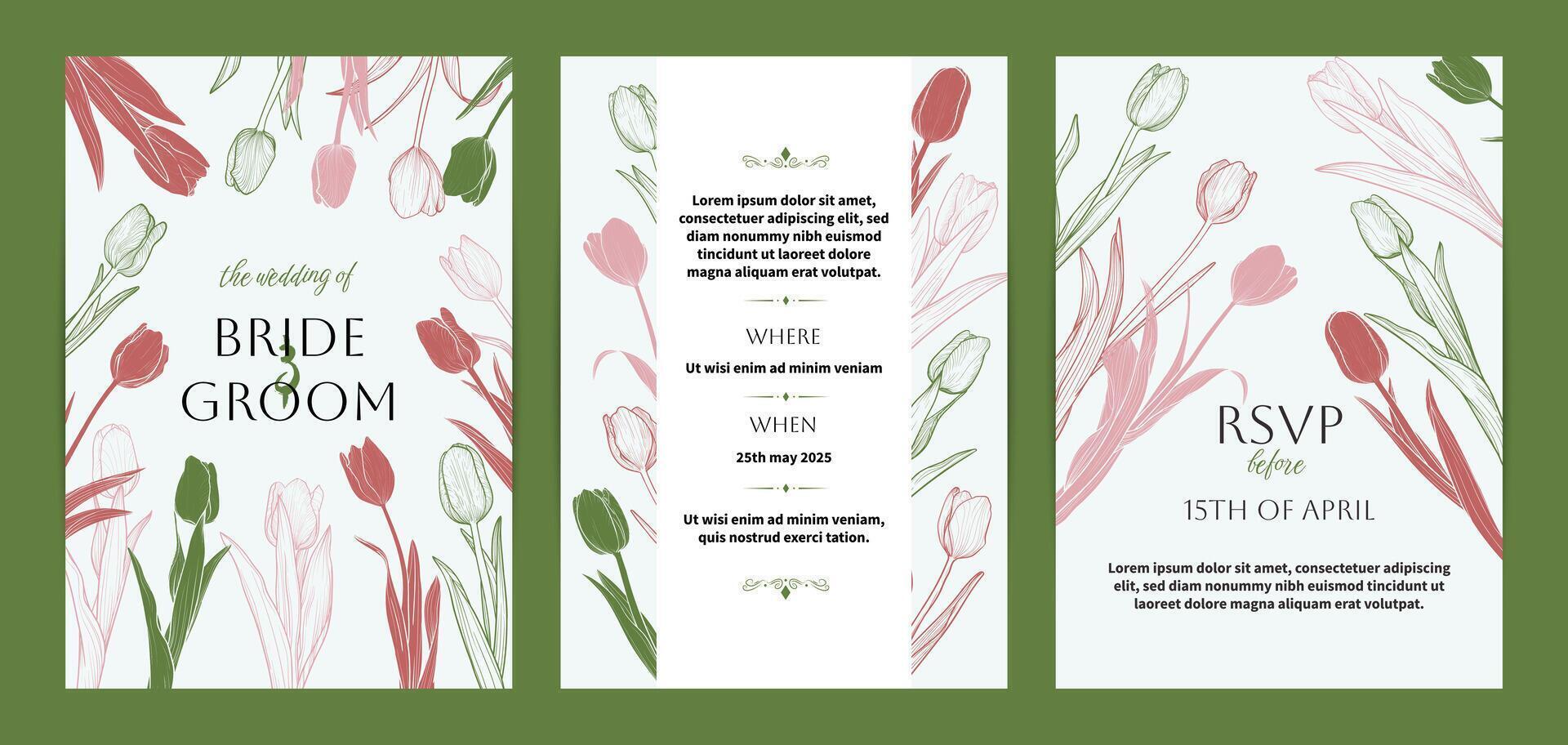 Colorful saturated and bright beautiful wedding invitations. Modern and joyful A4 format design with highly detailed flowers for print and online usage. Hand drawn tulips illustrations vector