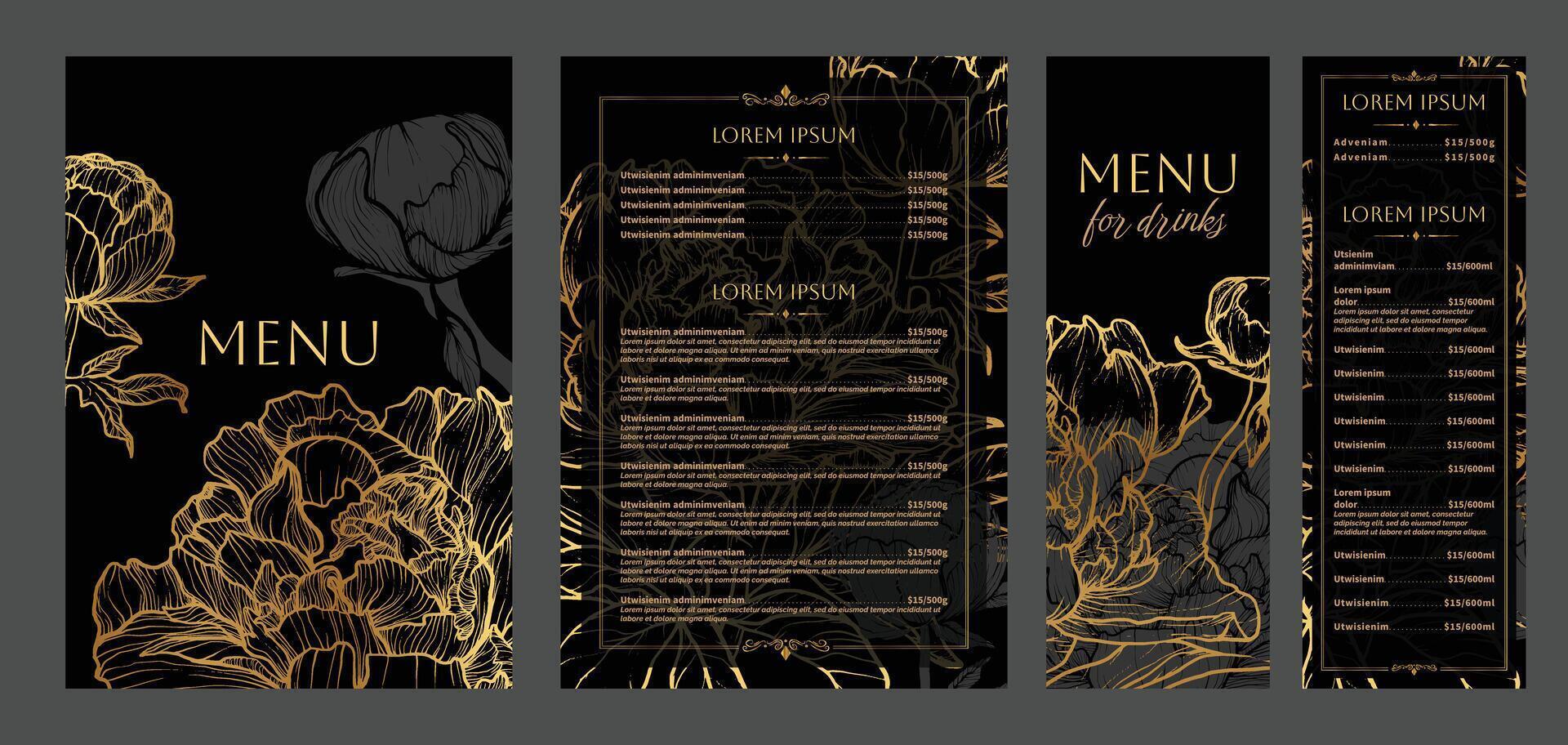Luxurious food and drinks menu designs. Restaurant menu template. Elegant A4 format with high quality flowers for print and online usage. Golden hand drawn line art peony illustrations. vector