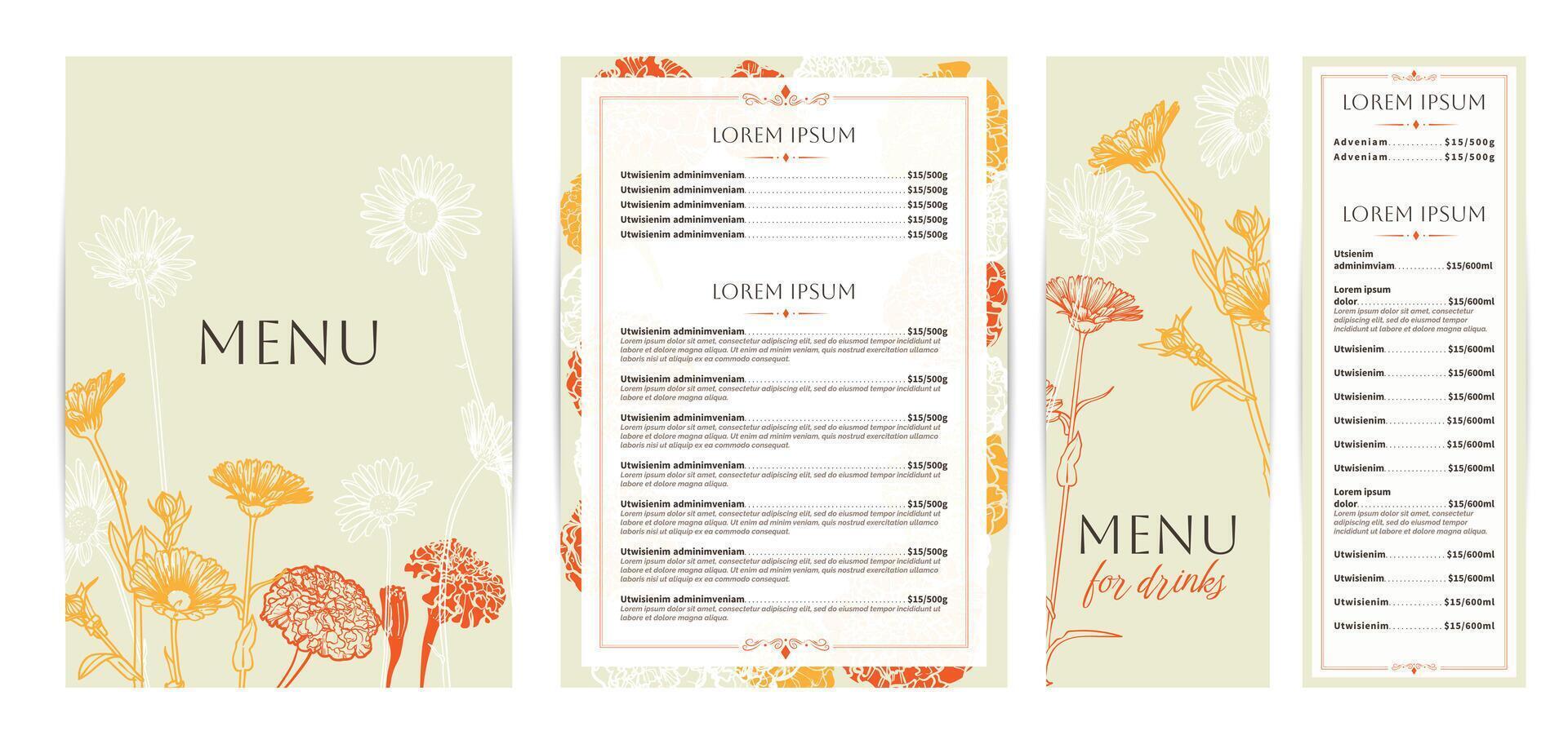 Elegant food and drinks menu designs. Restaurant menu template. Beautiful A4 format with high quality flowers for print and online usage. Saturated hand drawn line art marigold illustrations. vector