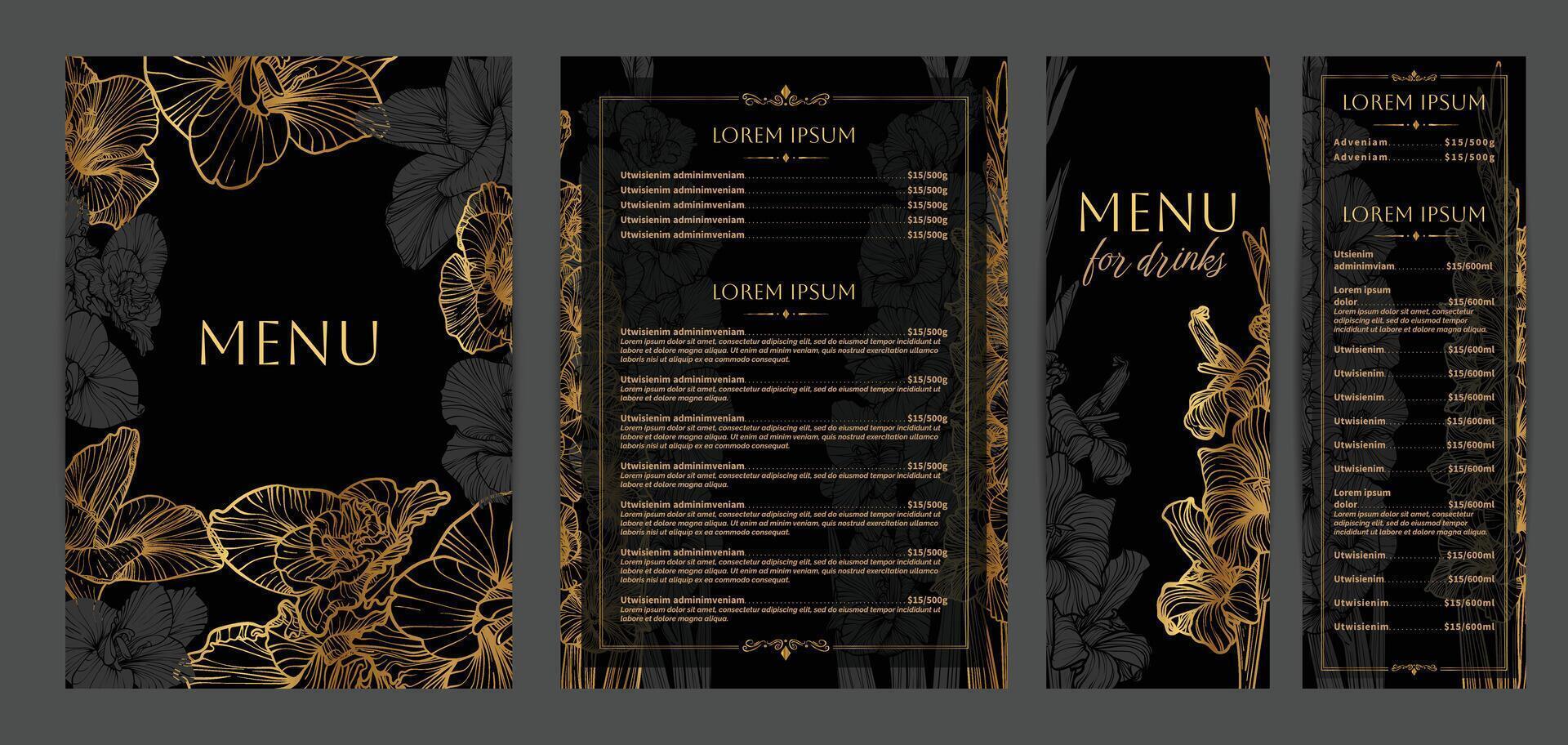 Luxurious food and drinks menu designs. Restaurant menu template. Elegant A4 format with high quality flowers for print and online usage. Golden hand drawn line art gladiolus illustrations. vector