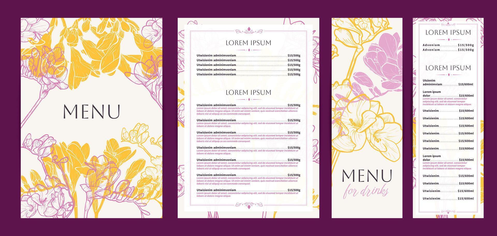 Elegant food and drinks menu designs. Restaurant menu template. Beautiful A4 format with high quality flowers for print and online usage. Saturated hand drawn line art freesias illustrations. vector
