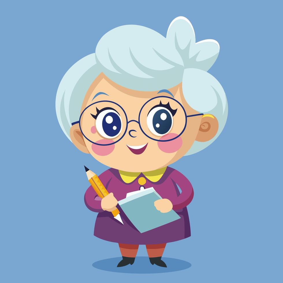 An old woman with glasses and a pen holding a clipboard vector
